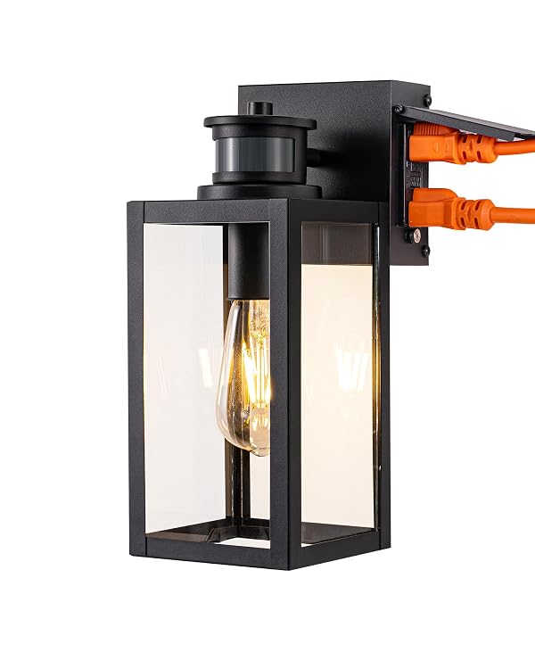 EDISHINE Porch Lights with GFCI Outlet, Motion Sensor & 3 Modes Modern Outdoor Wall Lights, 12" H Dusk to Dawn Exterior Light Fixture Waterproof Wall Lantern for Front Door, Garage, Black by EDISHINE - Image 8