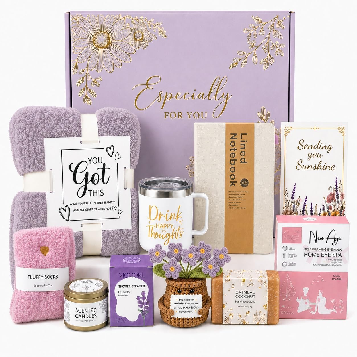 Birthday Gifts for Women, Self Care Gift Basket with Cozy Blanket | Pink Birthday Gift Set with a Gold-foil Box and Card, Shower Steamer, 5 steam Eye Masks, Blanket and 12 oz Tumbler