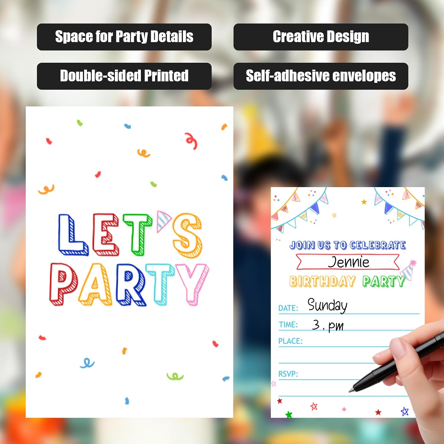 Let's Party Birthday Invitations for Boys, Simple Minimalist Birthday Party Fill In Invitations with Envelopes, 30Pcs, 4x6 Inches