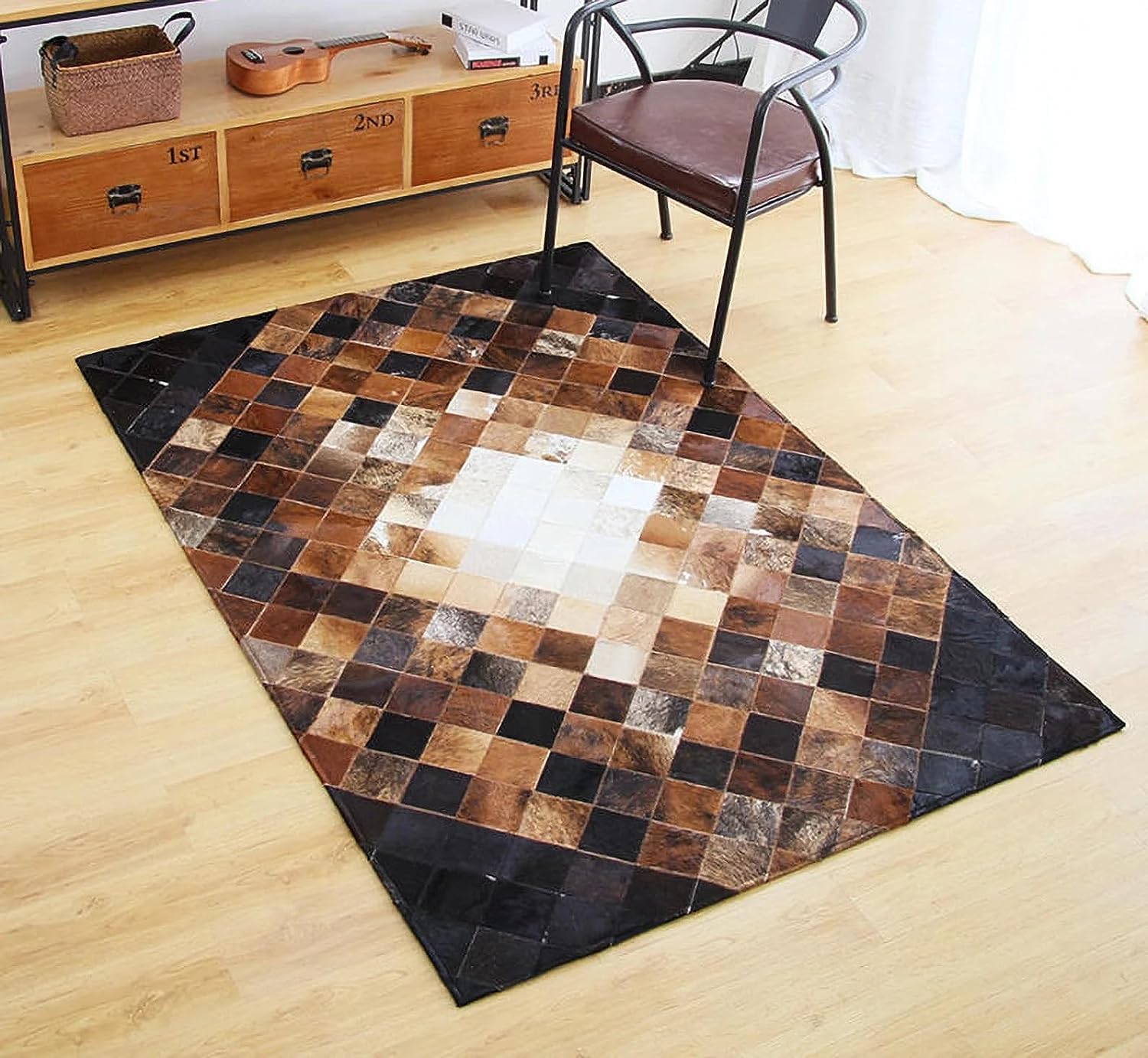 R&RENXIA Cowhides Tapis en Cuir de Vache Naturel Patchwork Cousu à la Main en Cuir de Vache décor Occidental pour la Maison, Le Salon,180cm×240cm