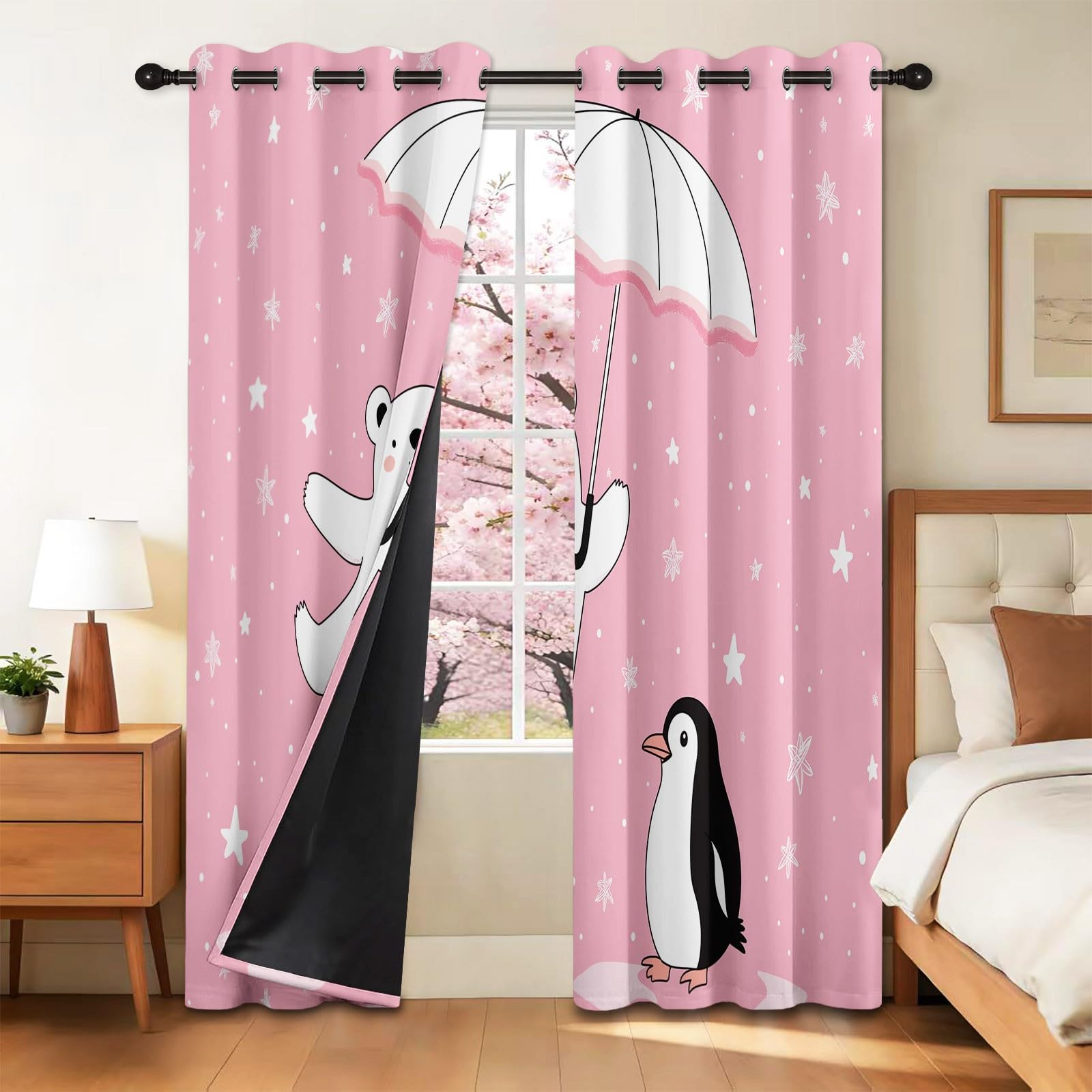 Cartoon Bear And Penguin Animals Blackout Curtains Eyelets Anti Light Curtain Blackout Curtain Thermal Insulation Curtains, For Living Room Bedroom, 2 Pieces, 140 x 175 cm, Pink