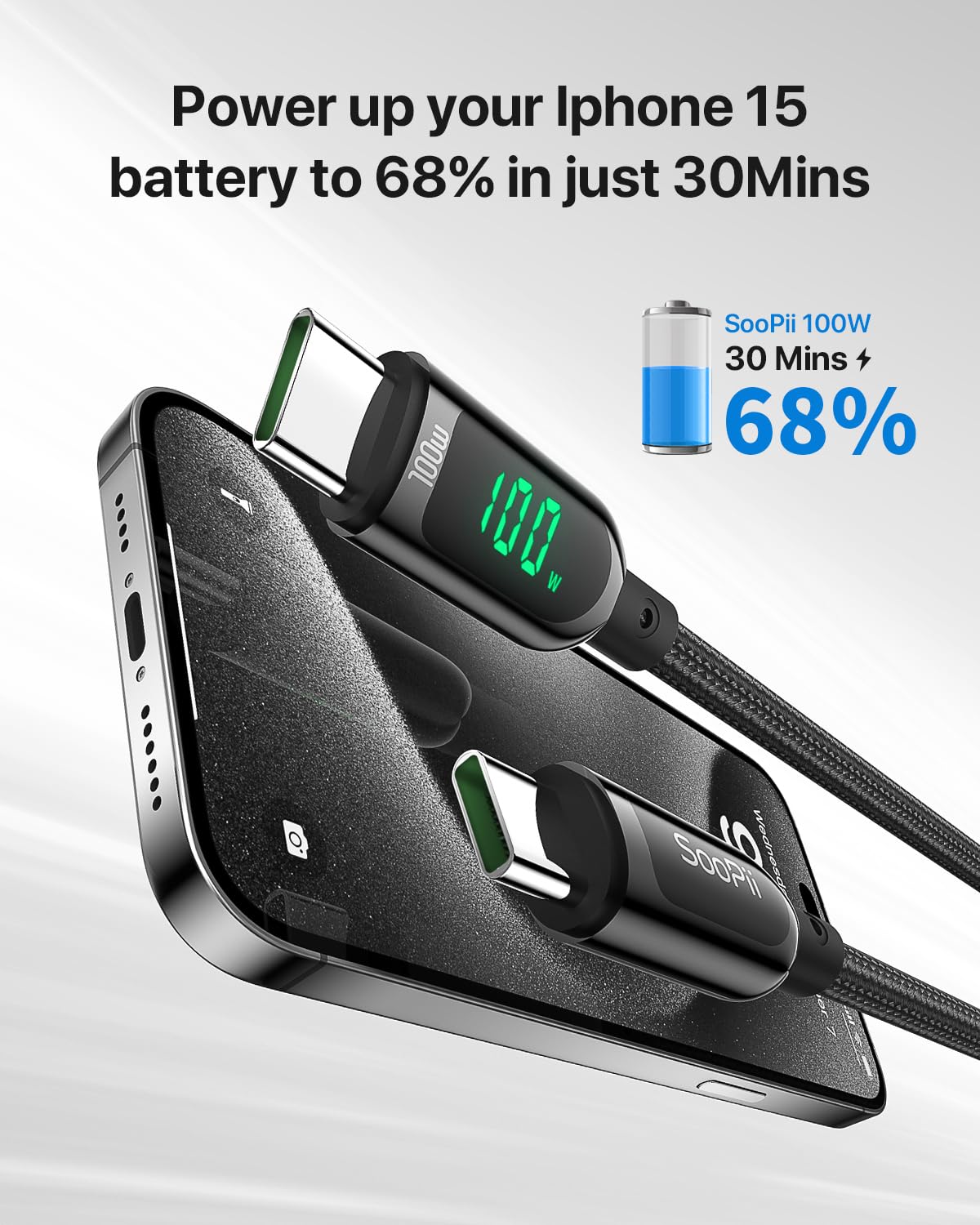 SOOPII Cavo USB C a USB-C da 100W, (3M,2Pacchi) cavo di ricarica rapida da,con indicatore LED, cavo di ricarica PD 5A Tipo C per lPhone 15/Pro Max,lPad Air,MacBook,Galaxy S23/S22,Pixel,LG(Nero)