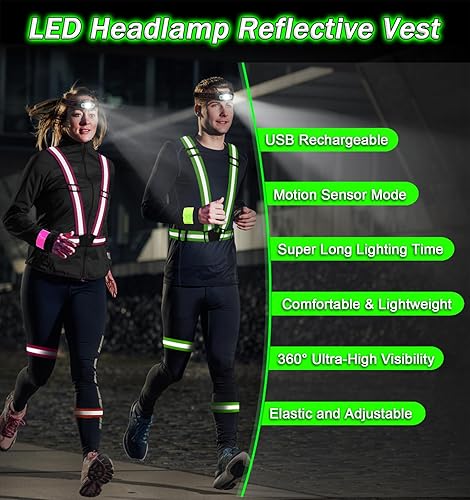 Miniatura 2 de Chaleco reflectante con faro LED, paquete de 6 piezas de equipo de correr reflectante con sensor de movimiento recargable, brazaletes reflectores de