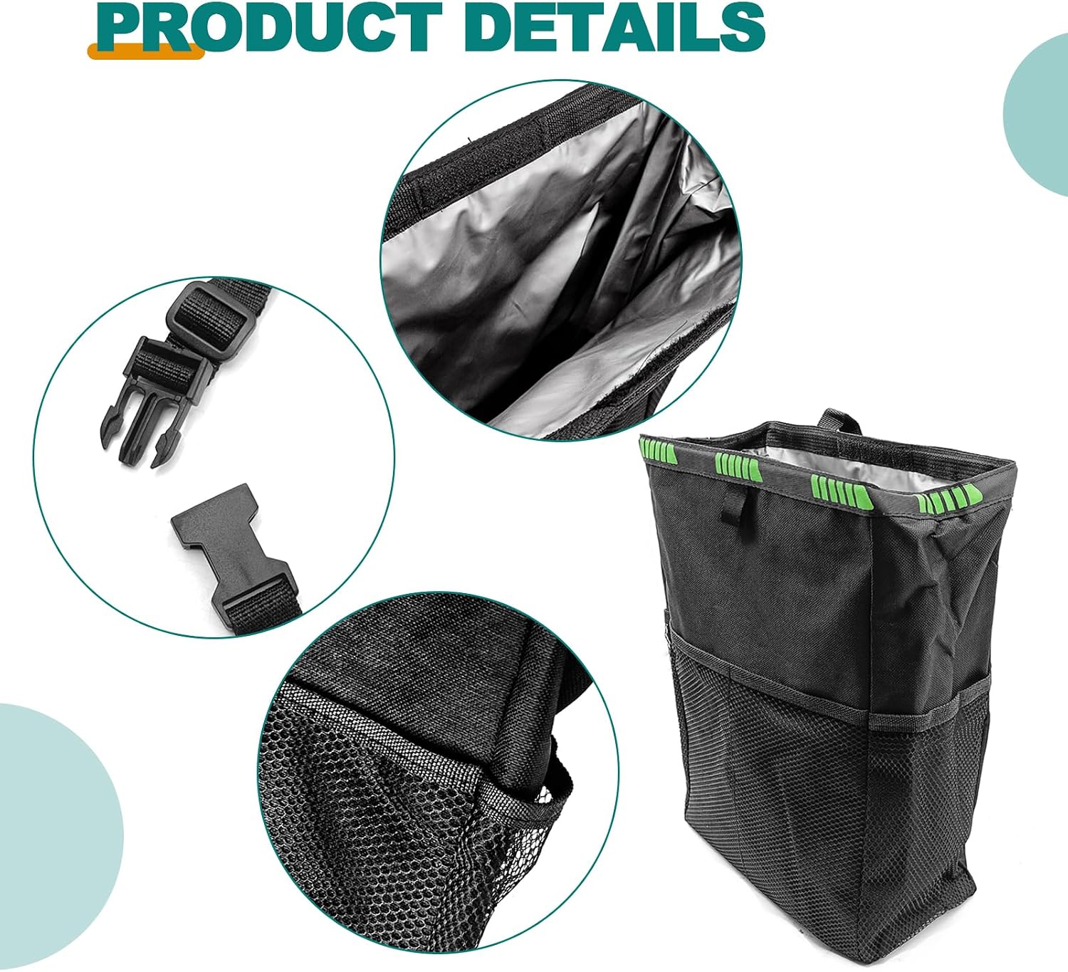 Waterproof Oxford Car Trash Can with 4 Storage Pockets Foldable Leakproof Auto Garbage Bag for Truck SUV Large Capacity Portable Organizer for Travel Office Home Use Black