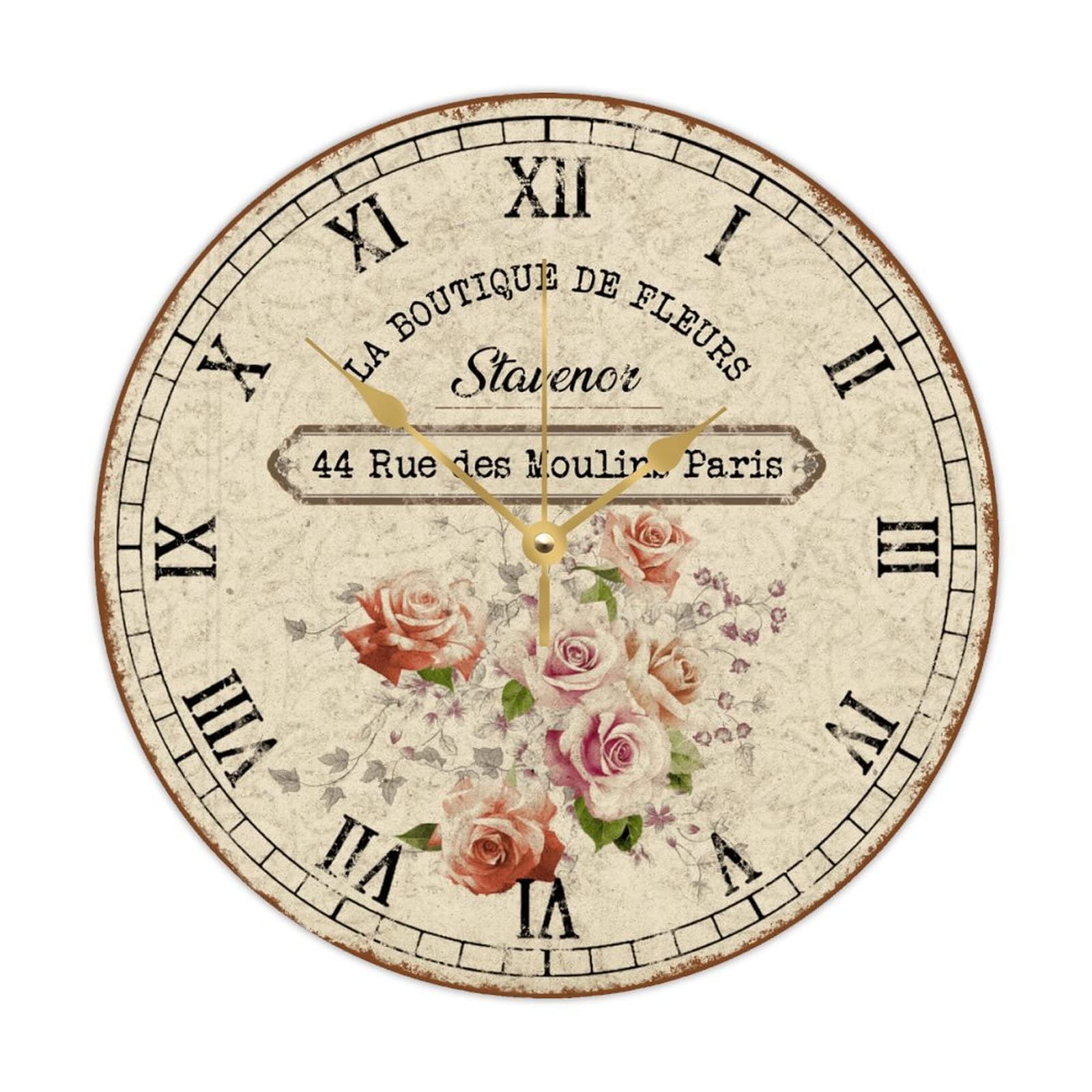 Horloge murale en bois vintage 38 cm avec fleurs et mécanisme quartz