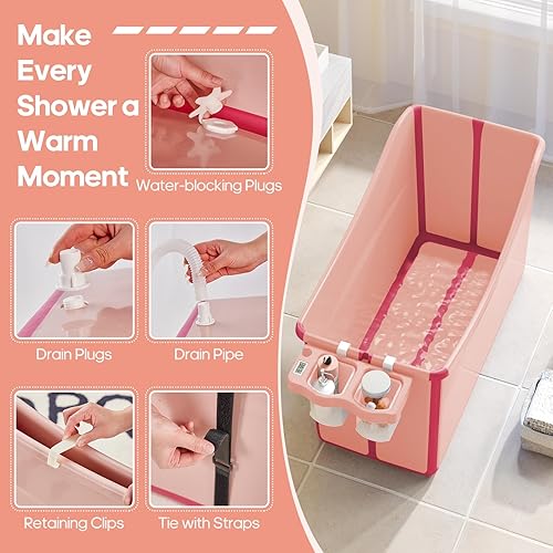 Miniatura 4 de Bañera plegable para bebé, bañera plegable para niños pequeños, portátil, grande, plegable, con termómetro y cesta de almacenamiento (rosa)