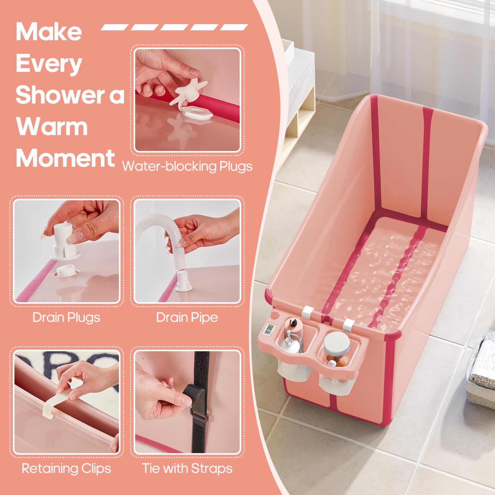 Bañera plegable para bebé portátil con termómetro y almacenamiento (rosa)