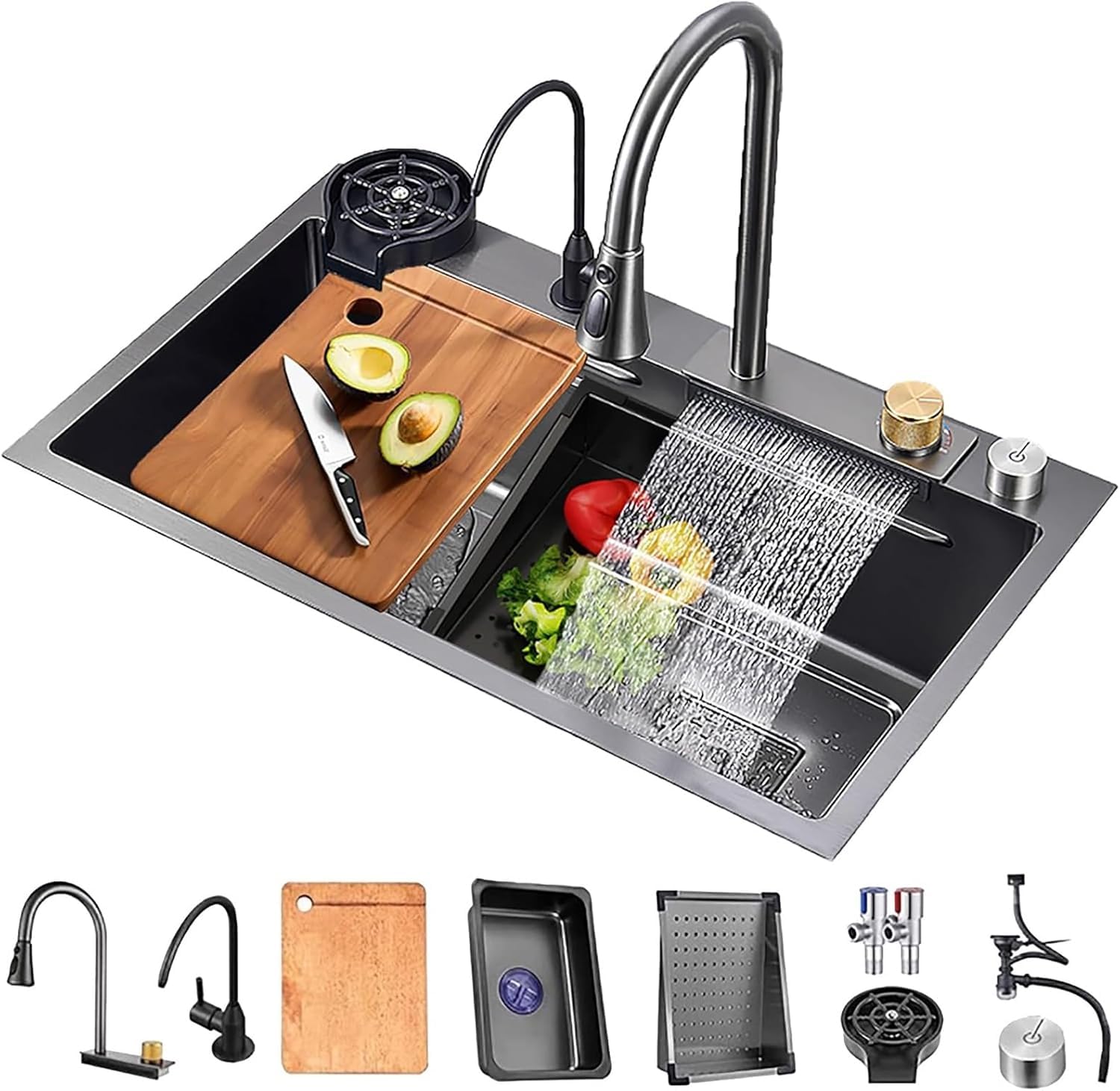 Évier de cuisine cascade noire nano évier en acier inoxydable 75x50cm