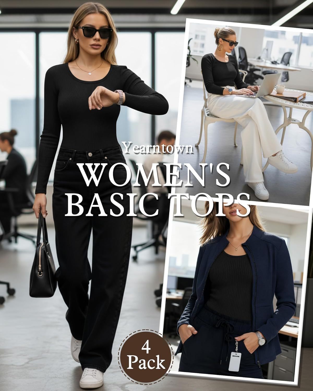 4 Pack Women’s Underscrub Shirts, Ribbed Cotton Scrub Tops Long Sleeve Scoop Neck Tees Slim Fit Basic Layer Shirts - Image 2