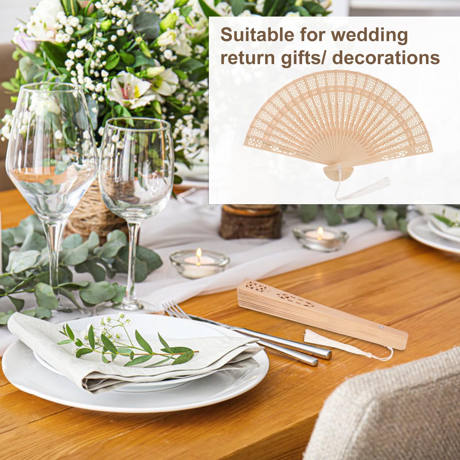 50 PCS Exquisite Sandalwood Fan, 8 Inch Tassels Wooden Folding Hand Fans with Organza Bags - Handheld Decorative Fans for Women, Foldable Wooden Hand Fans for Events, Wedding and Party
