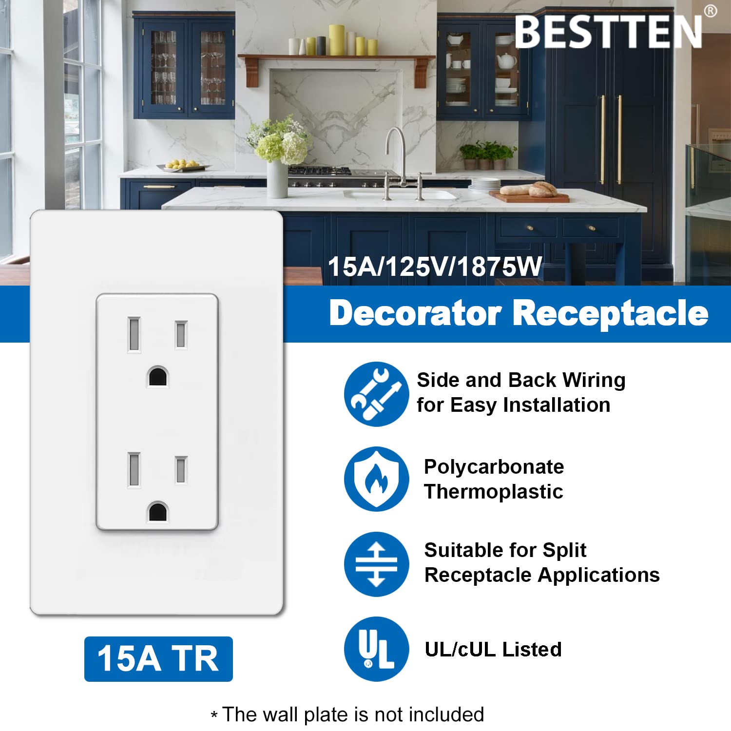 [10 Pack] BESTTEN 15 Amp Decorator Wall Receptacle, Tamper Resistant Outlet, 15A/125V/1875W, UL Listed, White