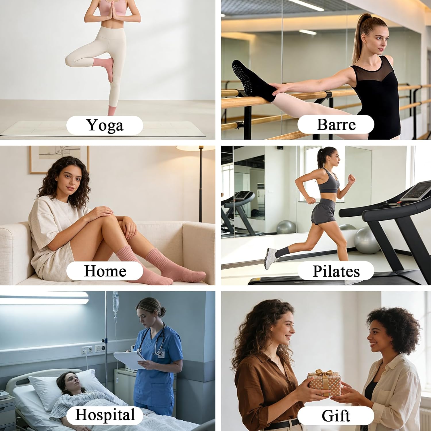 8 Pairs Pilates Socks with Grips for Women, Barre Yoga Grippy Socks, Womens Non Slip Pilates Crew Sticky Socks Size 9-11 - Image 6