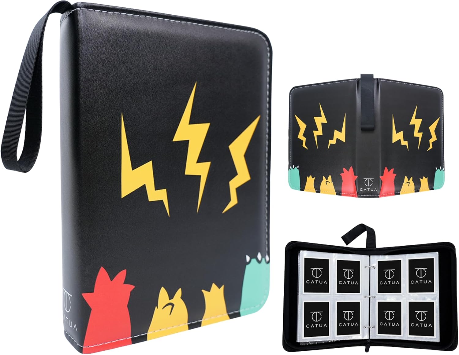 CATUA Trading Card Binder with Zipper, 4 Pocket Album Holds 400 Cards with 50 Sleeves, PU Leather Case Compatible with TCG, Sports, Football, and Game Cards – Black