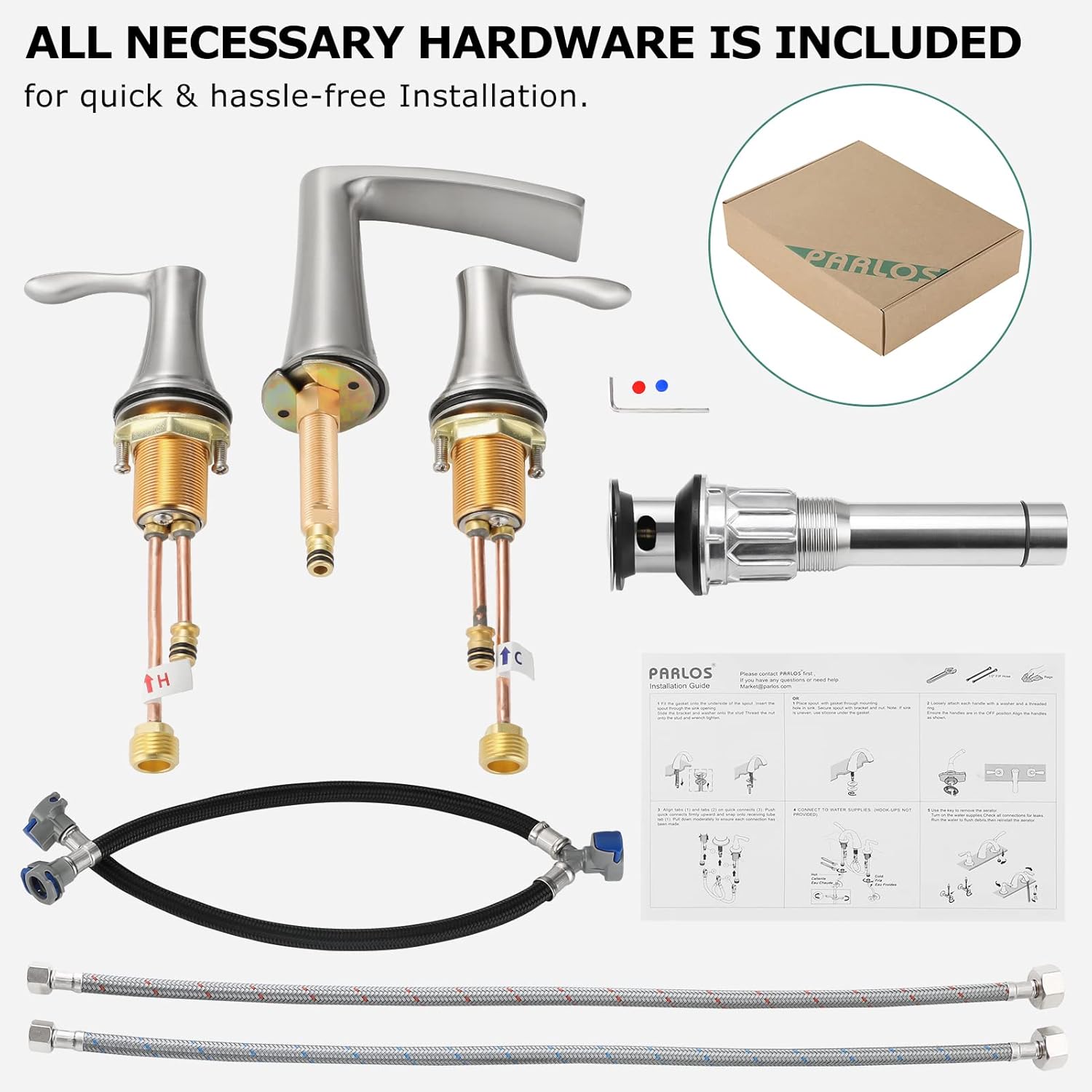 PARLOS Waterfall Widespread Bathroom Faucet 2 Handles with Metal Pop Up Drain & cUPC Faucet Supply Lines, Brushed Nickel, Demeter 1431802