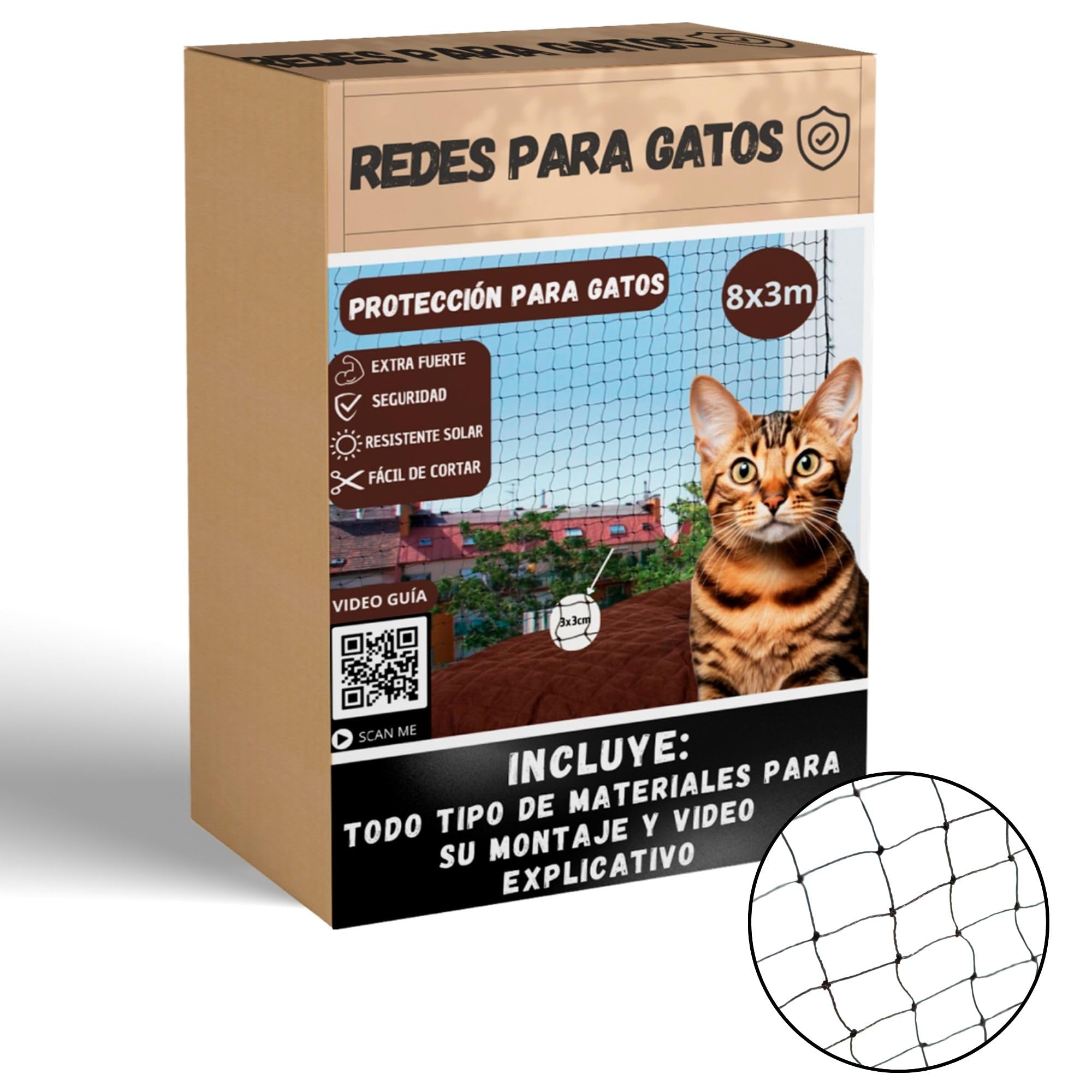 FR3 ® Red para Gatos de 3x8 Color Negro | 12 hebras de PE Más 1 hebra de Acero | Red para Gatos terraza | Evita la Caída o la Escapada de su Gato | Apto para Ventanas, Balcones y Terrazas.