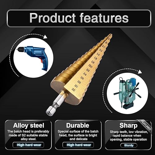 Miniatura 6 de KATUR Broca escalonada de titanio grande HSS - Juego de brocas de cono escalonado, vástago hexagonal, borde estriado, 15 tamaños 0.157-1.260 in