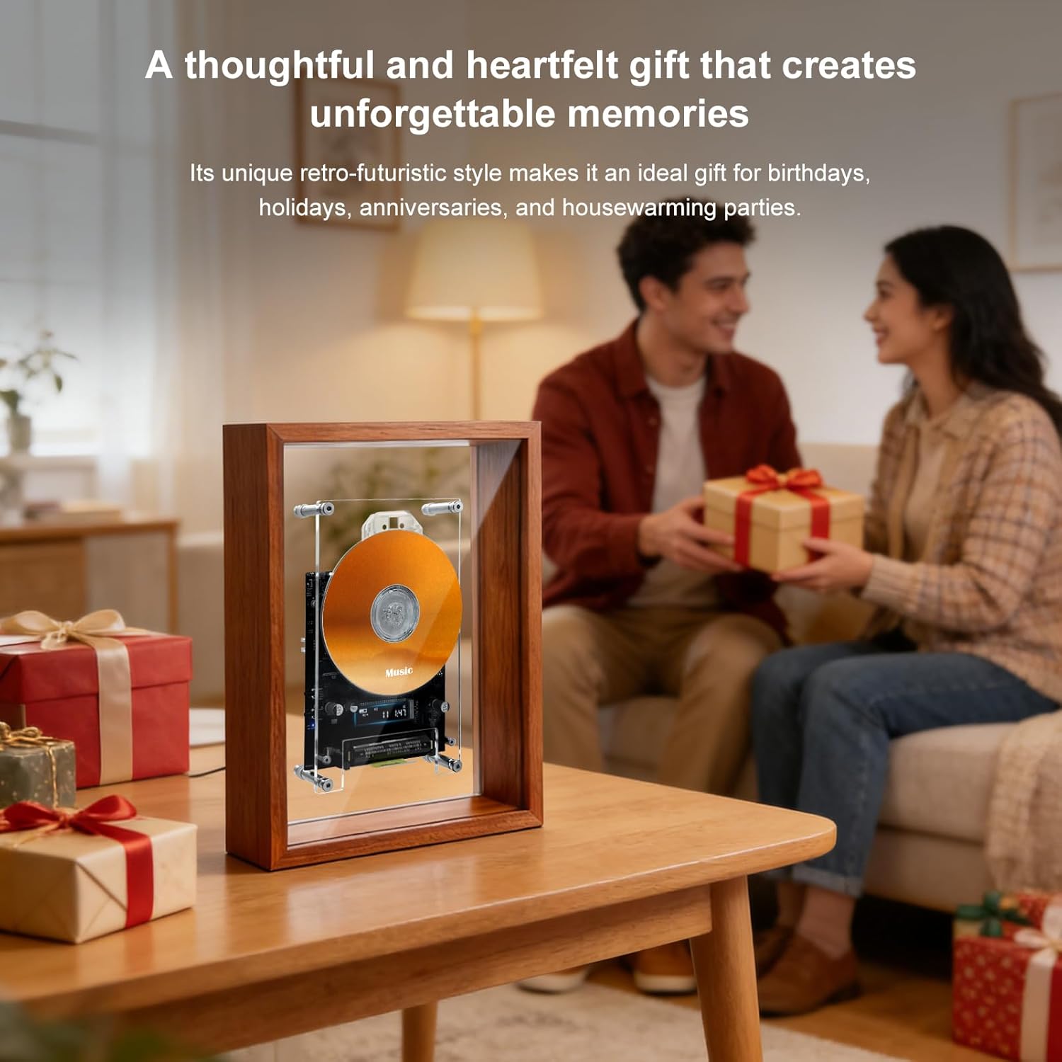 Vintage Wood Texture Frame CD Player,Log Texture,Vintage Futuristic Design,Wireless Pairing,4 Hours Battery Life,USB-C Charging Port,Desktop or Wall Mount,Gifts for All Occasions(No CD & Speaker)