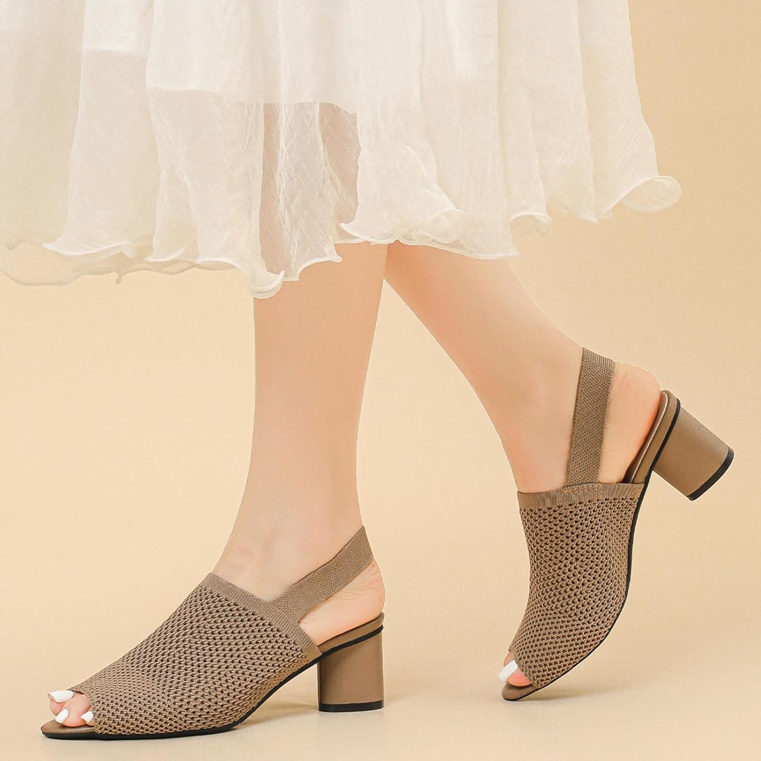 Women's Knit Peep Toe Slingback Chunky Heeled Sandals with Ankle Strap Fashion Open Pointed Toe Cut Out Slip On Backless High Heels Summer Casual Work Office Wedding Dressy Pumps - Image 7