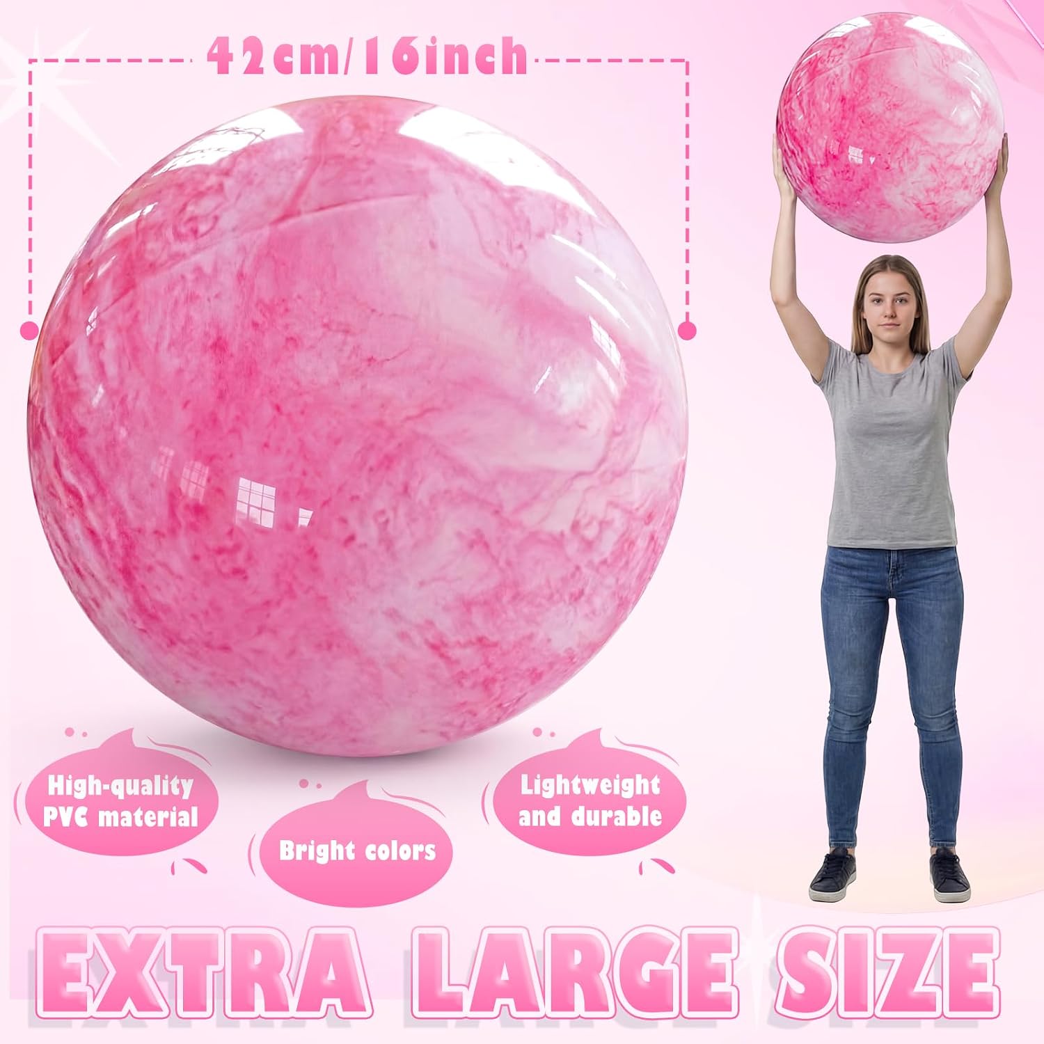 Lewtemi 16 Inch Jumbo Inflatable Playground Ball Marbleized Giant Large Rubber Kickball Four Square Bouncy Balls Giant Beach Dodgeball for Swimming Pool Sports Activities