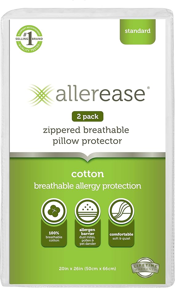 AllerEase 100 Breathable Cotton Pillow Protector for Sleeping, Standard 26" x 20