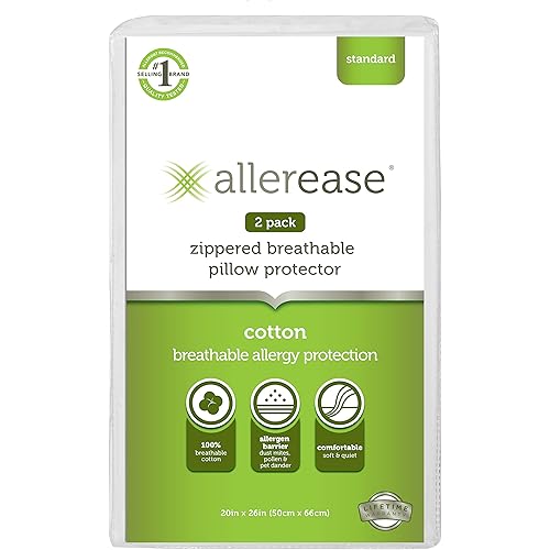 AllerEase 100% Breathable Cotton Pillow Protector for Sleeping, Standard 26" x 20" - 2 Pack