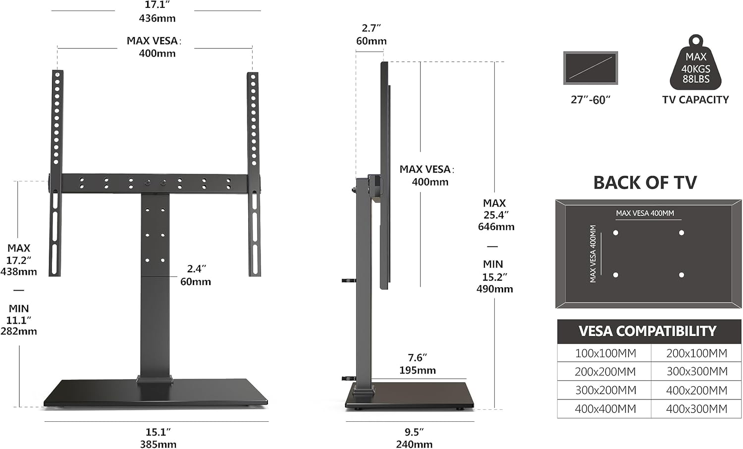 Diagram showing detailed dimensions and VESA compatibility for the FITUEYES TV stand.
