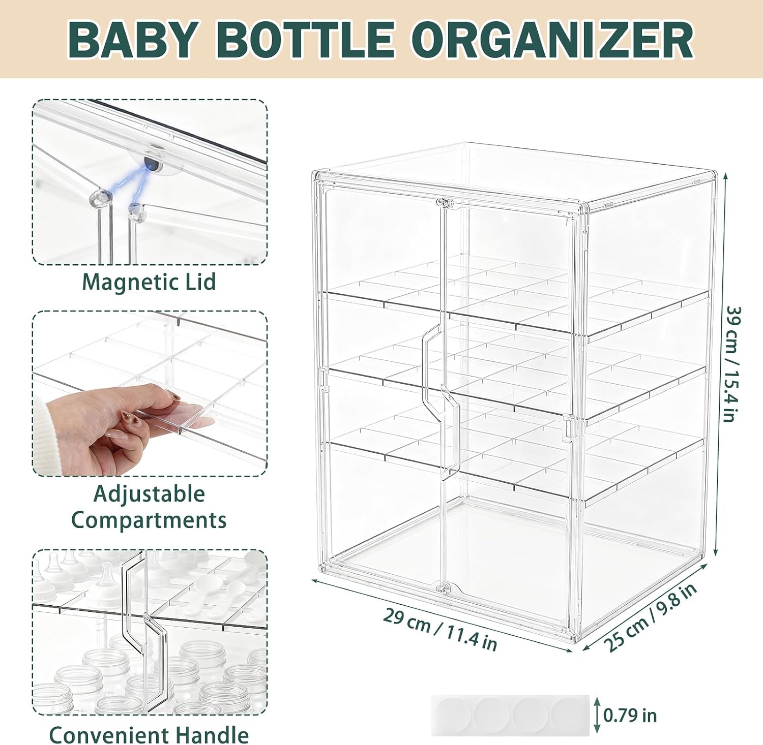 Baby Bottle Organizer, 4-Tier Large Capacity Bottle Storage for Countertop with Double Magnetic Doors, Clear Bottle Station Organizer with 3 Adjustable Dividers for Baby Pacifiers, Pump Parts