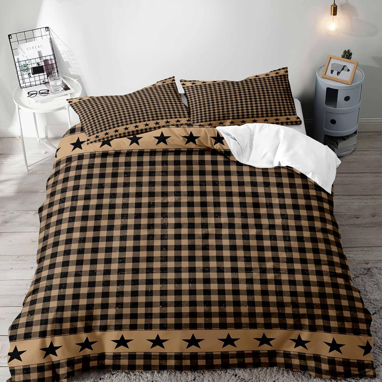 Photo 1 of LUVIVIHOME 3PCS Tan and Black Checkered Duvet Cover Queen Bedding Sets, Vintage Buffalo Plaid Duvet Cover, Star Check Gingham Antique Primitive Country Rustic Farmhouse Comforter Cover, 2 Pillow Cases