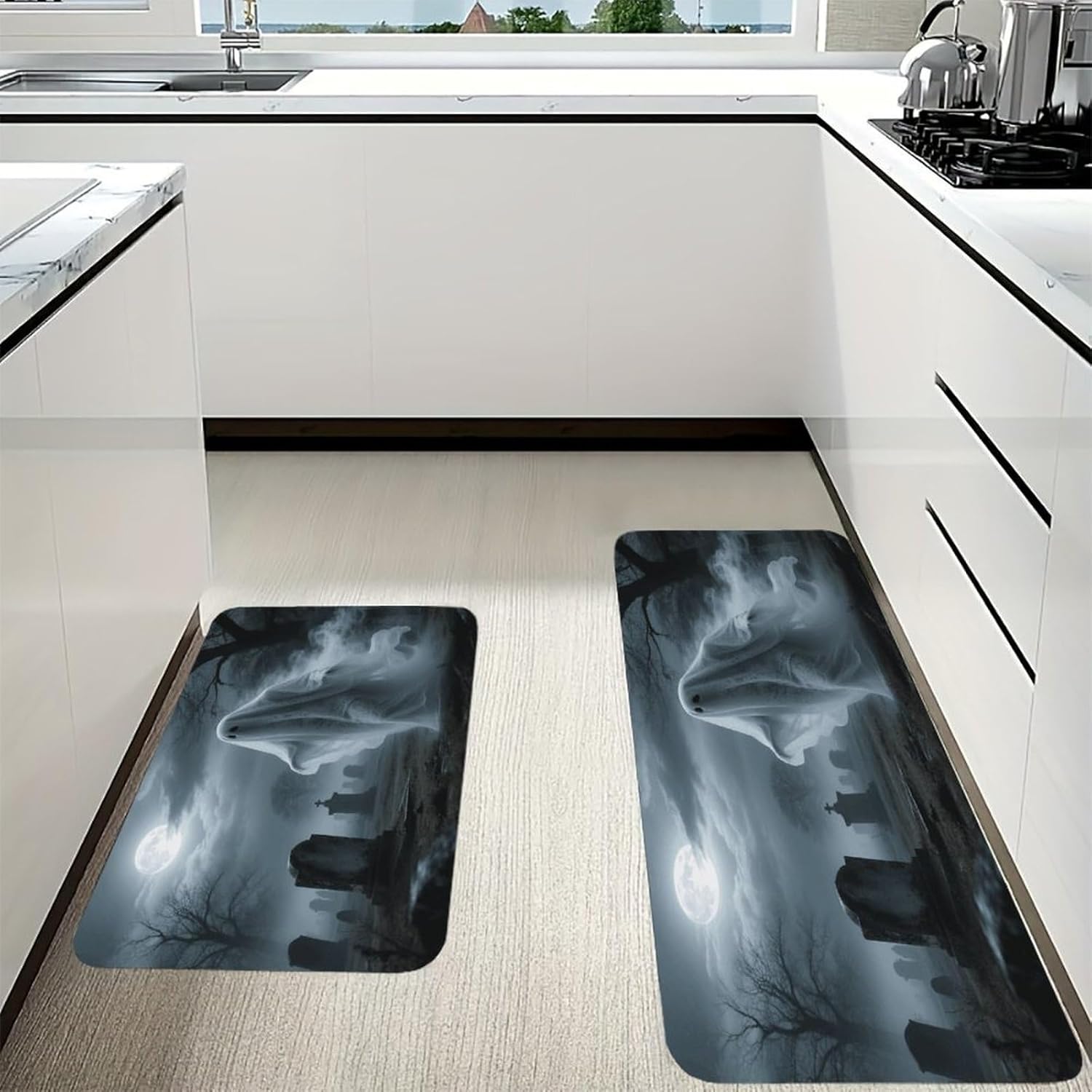 Cool Halloween Ghost Kitchen Mat Set of 2 Ergonomic Comfort Velvet Rugs Cushioned Anti-Fatigue Non-Slip Standing Mats Thick Kitchen Floor Mat Carpet Runner Rugs 16"×24"+17"×47"