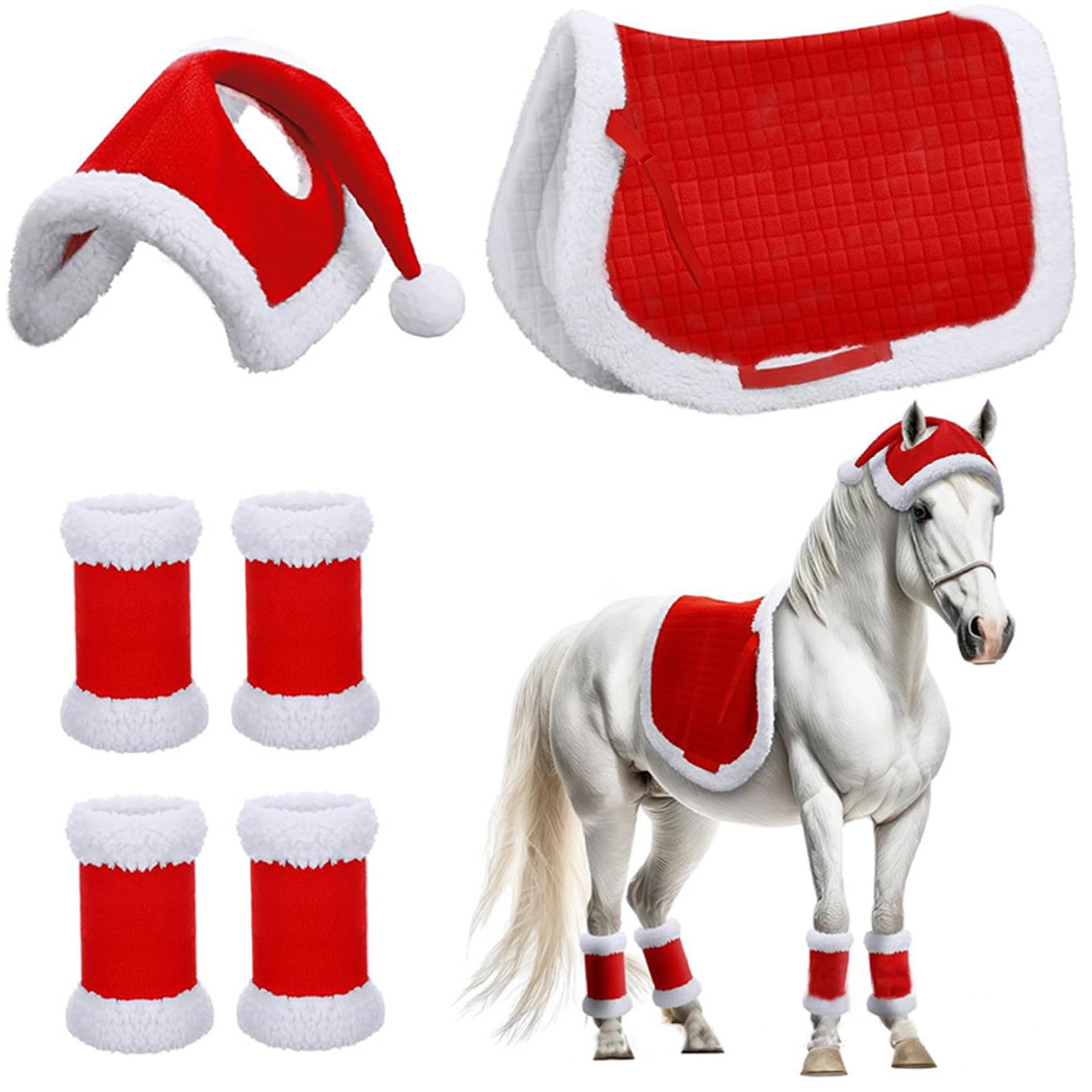 Chapeau Père Noël pour cheval et lot de 6 bandages de jambe avec selle pour cadeau équestre