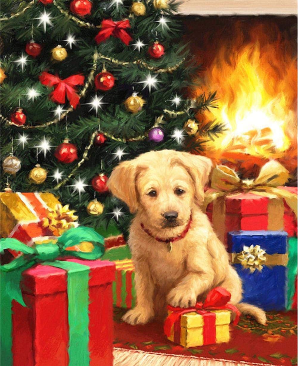 Peinture par numéros arbre de noël et chien toile de 40x50cm