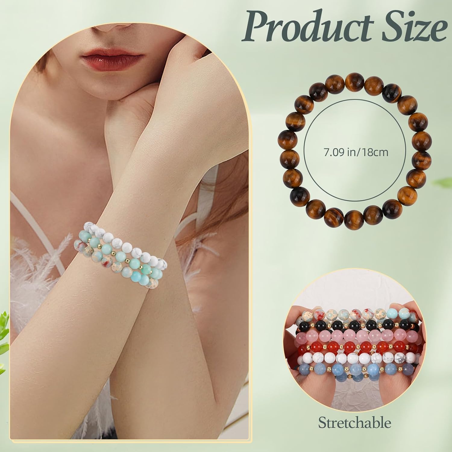 Ornaland 10 Pcs Beaded Bracelets Surfer Stretch Natural Stone Bracelet Stackable Bracelets Set Elastic Beach Bracelets Wrist Jewelry for Women Men,8mm