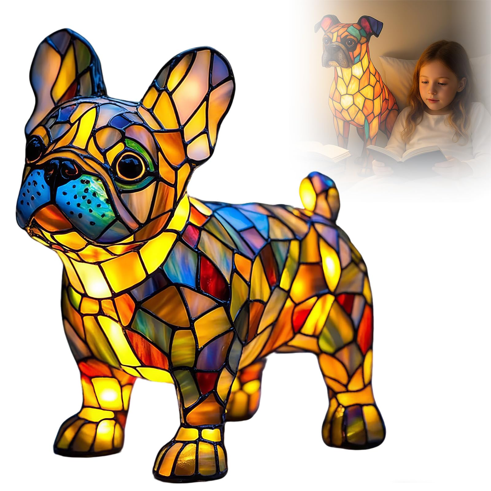 Wongify Pug Lamp Stained, Dog Series Art Night Light, Stained Resin Animal Table Lamp for Bedroom Living Room Desk & Bedside Home Decor (Bulldog Lamp)