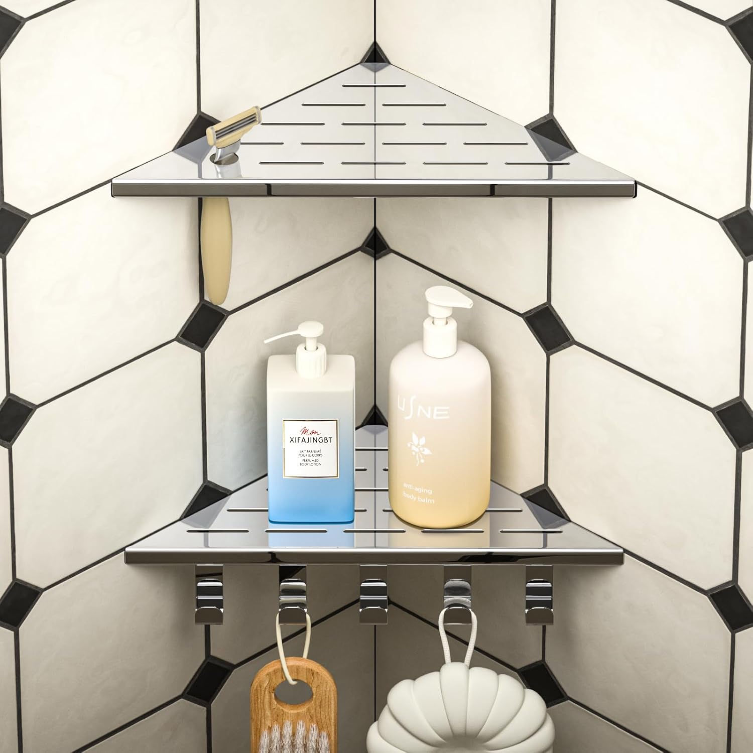 Bernkot(ベルンコット) コーナーシャワーシェルフ 10インチ 304ステンレススチールシェルフ バスルーム用 タイル壁用フッ