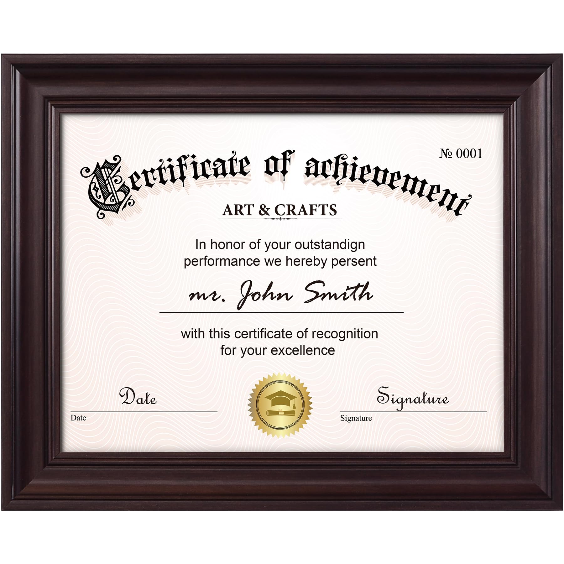Photo 1 of Yaetm 8.5x11 Diploma Frame, Document Frame with Shatter-Resistant Tempered Glass, Display 8.5 x 11 inch Certificate, Tabletop & Wall Mount (Single, Brown)