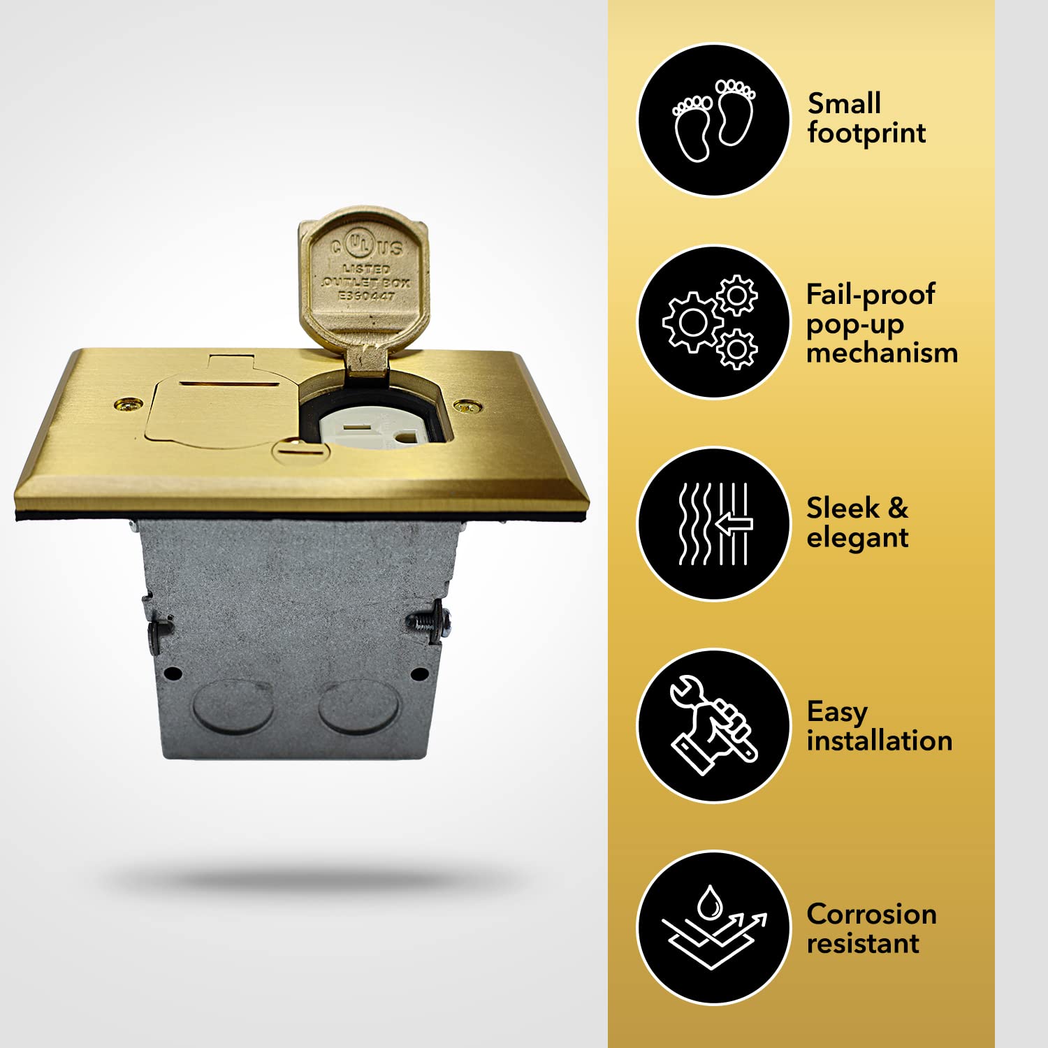 SELECT Lighting SLFB-TR20-BR 20A Receptacle Outlets, Tamper Resistant Electrical Floor Box with Flip Lid and Brass Cover, Retractable Recessed Socket for Kitchen, Countertops & Floors