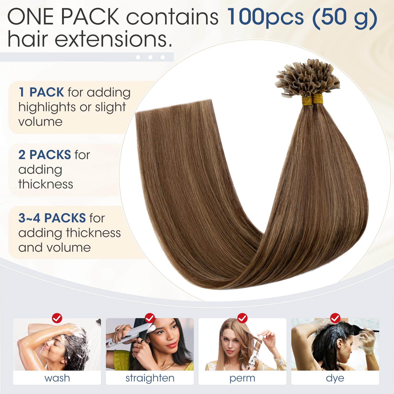 Elailite Extension Capelli Veri Cheratina Lunga Durata 100 Ciocche Meches 100% Remy Human Hair Balayage U Tip Nail Naturali Lisci 40cm 50g #4/#27 Marrone Cioccolato/Biondo Scuro