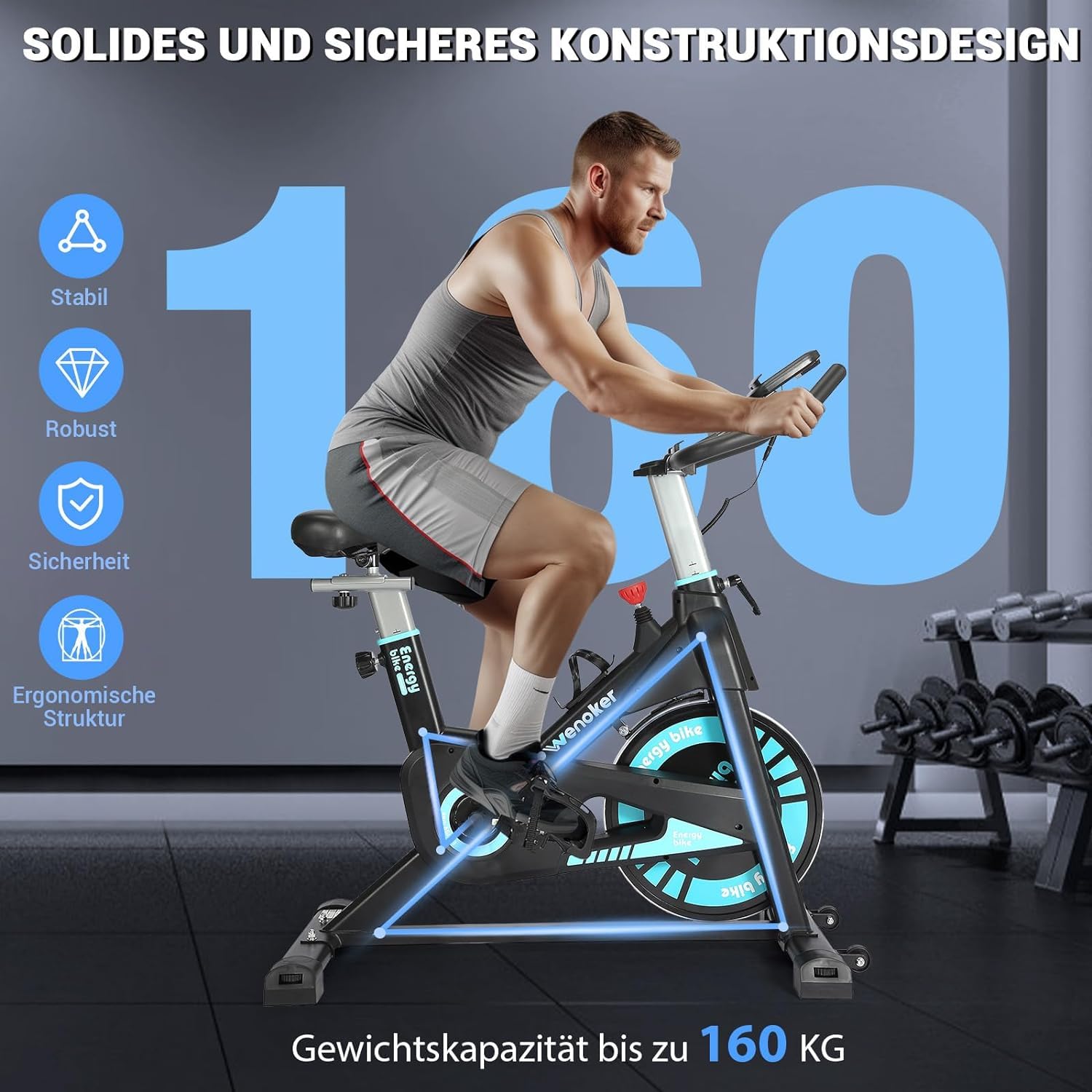 WENOKER Heimtrainer Fahrrad, Magnet-Ergometer bis 160 kg | Unter 15 dB, 80 % vormontiert, Aufbau ca. 25 Min, Für 143–192 cm, Magnetwiderstand, 16 cm Sitzverstellung, 2 Jahre Service