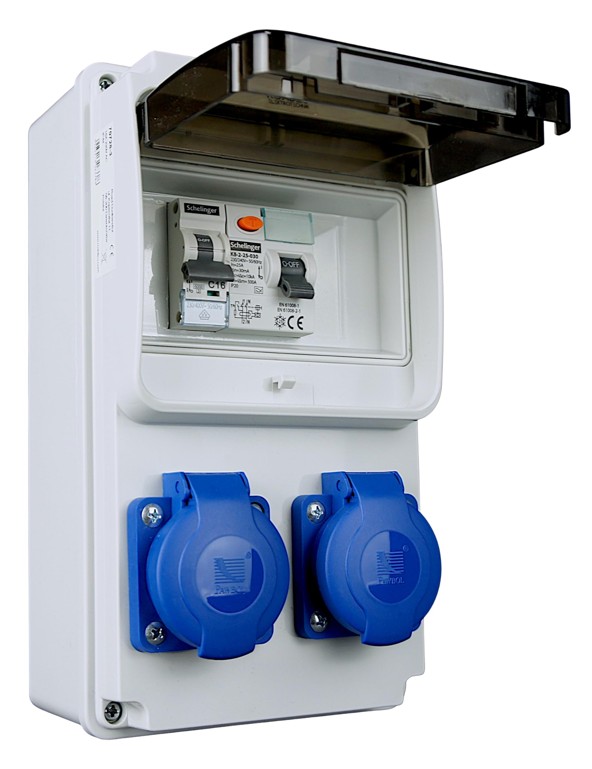 RoadEu - Stromverteiler 230V - 2x Schuko Steckdose - Baustromverteiler mit Fi Schutzschalter und Leistungsschalter C 16A - Verdrahtet, Steckdosenverteiler Indoor/Outdoor-Bereich IP44