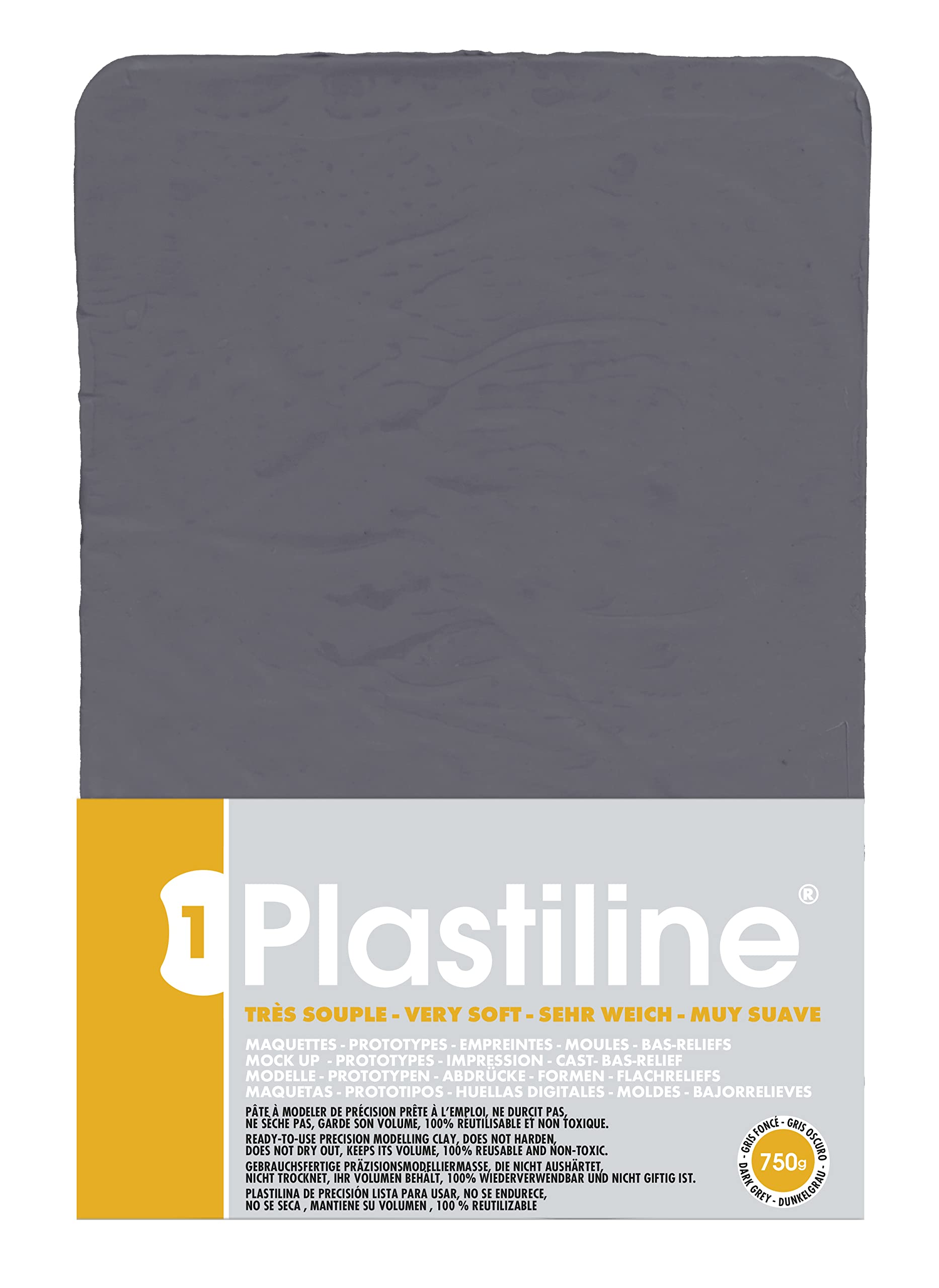 Plastiline 7740T - Plastiline Plate - Modeling Dough, High Precision - Modeling, Sculpting, Molding - Hardness 1 (very flexible) - 750g - Dark gray shade. Made in France