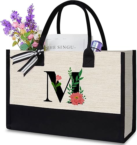 Sadaunbe Bolsa de lona con inicial, bolsa de regalo personalizada para bodas, cumpleaños, vacaciones, bolsa de comestibles reutilizable, letras