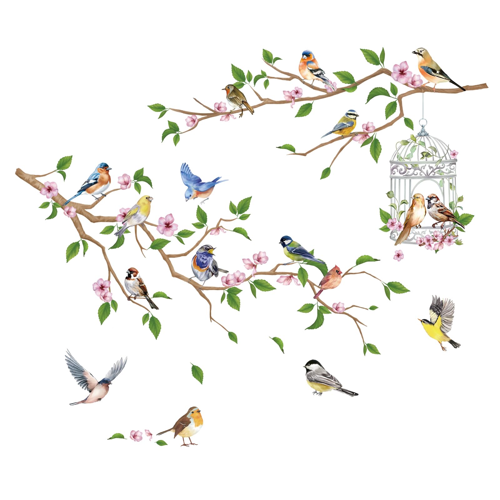 FUFUQUARE Garden Birds on Tree Branches Wall Stickers Pink Flowers Birdcage Wall Decals PVC Removable Decoration for Nursery Bedroom Living Room - Image 4