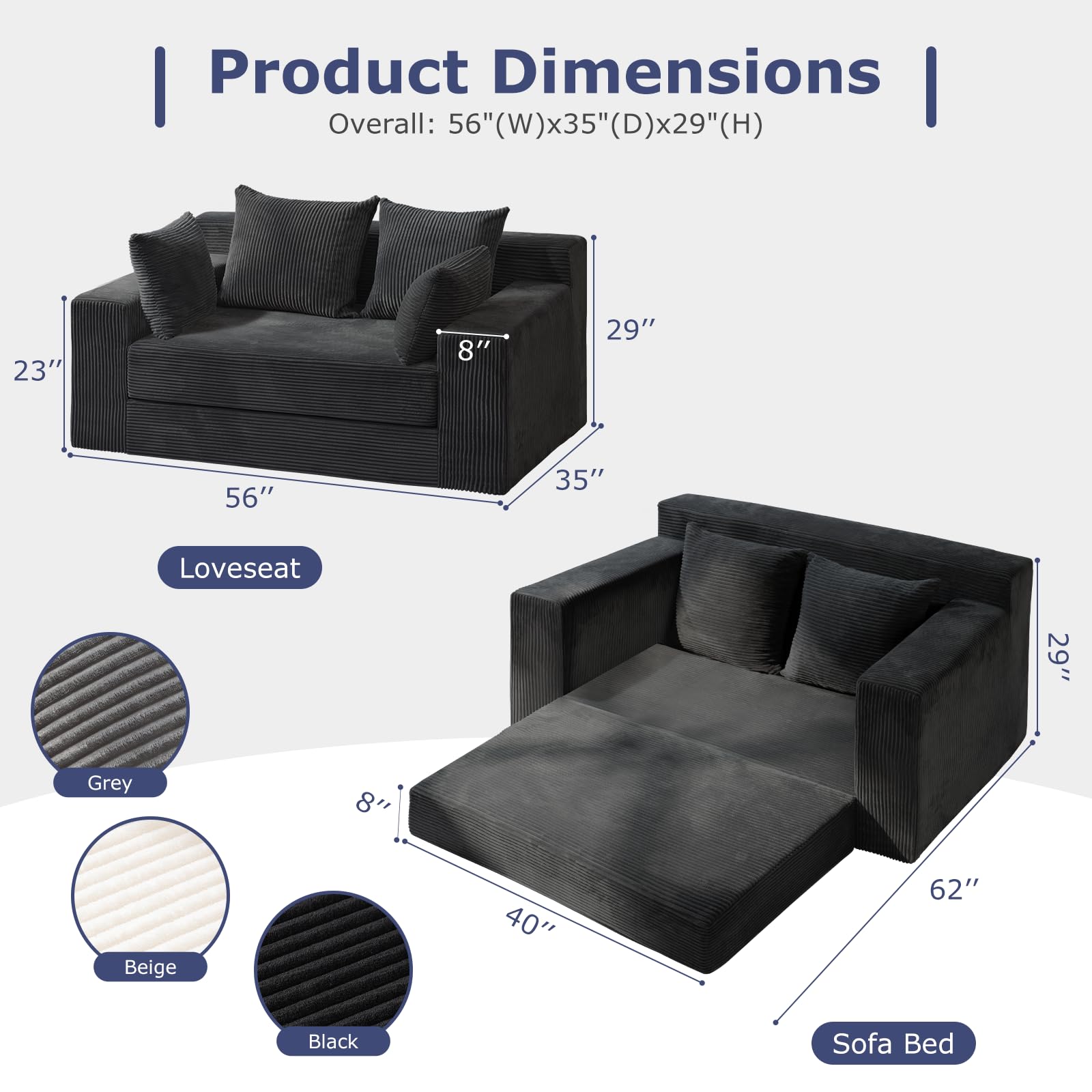 Convertible Sofa Bed, Boneless Couch Loveseat, 2 in 1 Folding Couch Bed, Fold Out Comfy Floor Futon Sofa with Pillows for Living Room Bedroom, Black