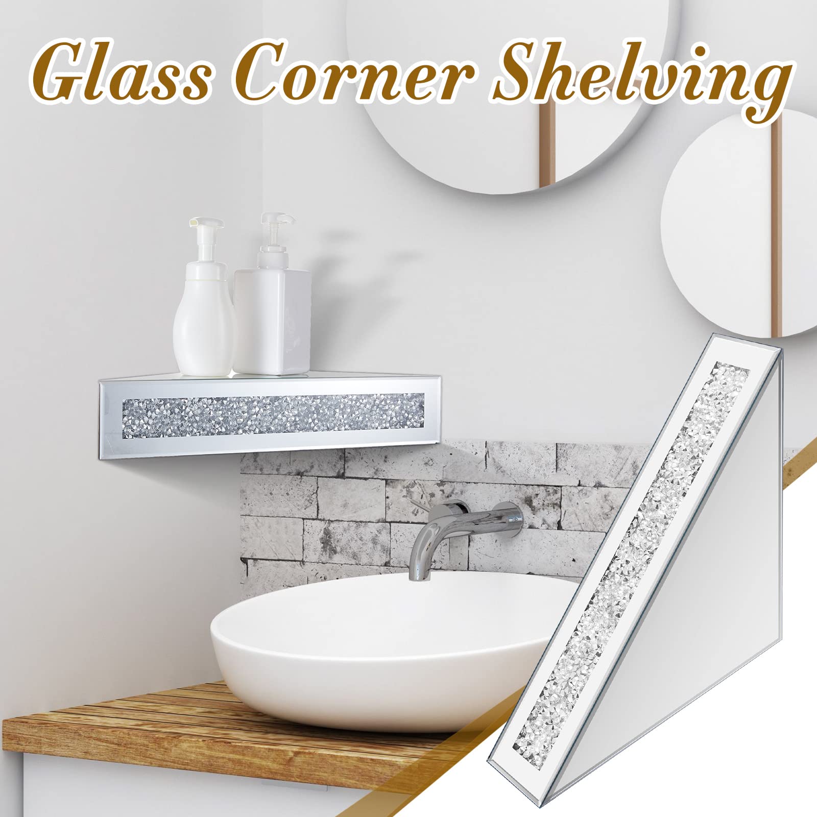 Juexica 2 Pieces Mirrored Floating Conner Shelf Crushed Diamond Decorative Wall Shelf Triangle Corner Wall Shelves Crystal Glass Silver Mirror Corner Shower for Wall Bathroom, 11.8 x 11.8 x 3.1 Inch