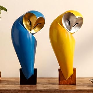 Thyle 2 Pack Mid-Century Modern Owl Statues - 11.8" Handmade Resin Sculptures in Blue & Yellow for Bookshelves, Desk Decor & Gifts