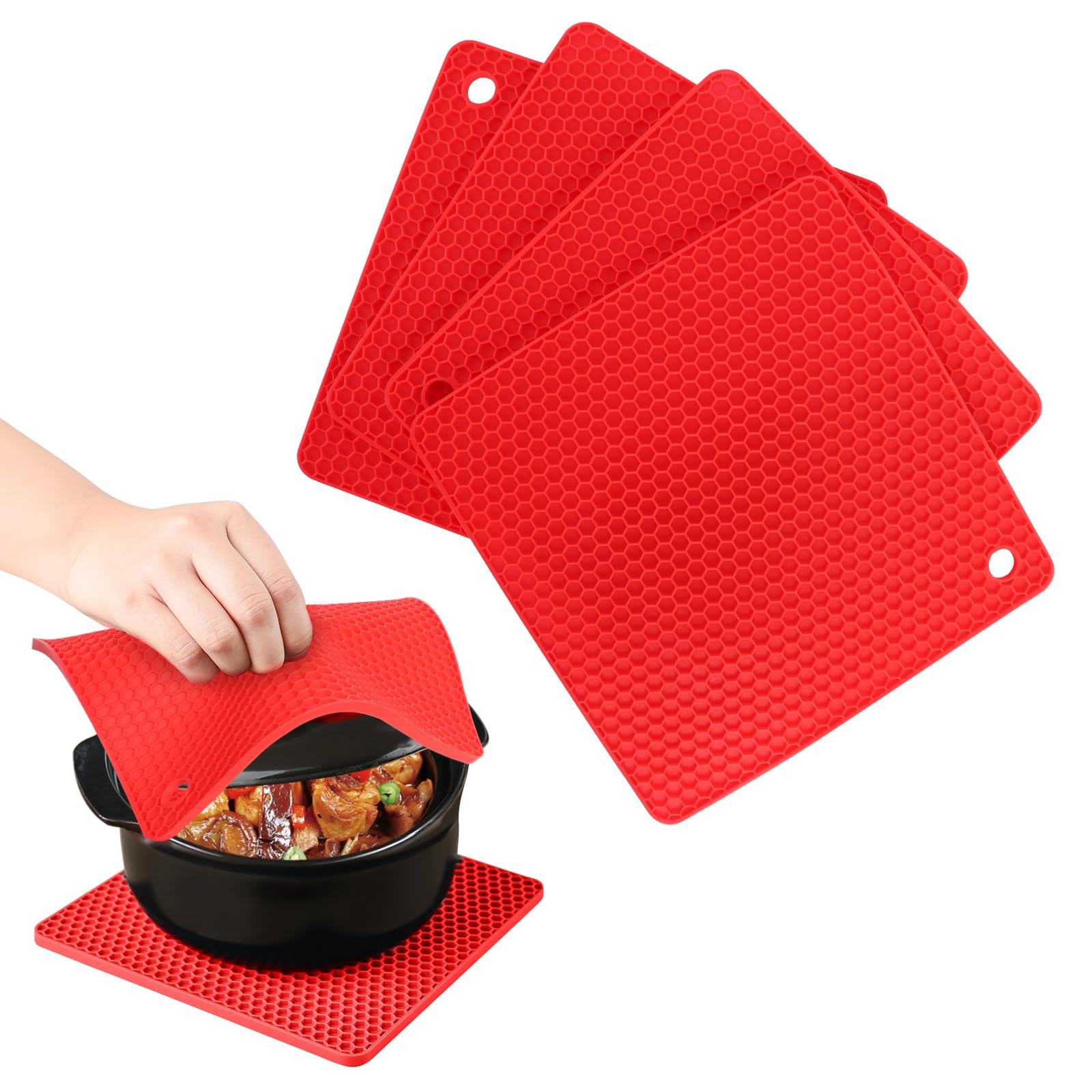 Minicoco 4PCS Silicone Trivet Mat Non-Slip Silicone Table Mat Honeycomb Hot Pads Multi-Purpose Heat Resistant Table Place Mats for Hot Pots and Pans, Kitchen Cooking Dining Microwave,Square,Red