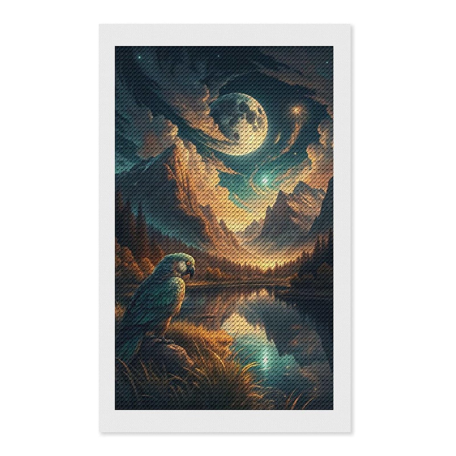 Junmoney Parrot by Moonlit Mountain Lake Diamond Art Kit 12"x20", Bedroom Decor, Adhesive Canvas, Full Kit Included, Thoughtful Present, Birthday Gift