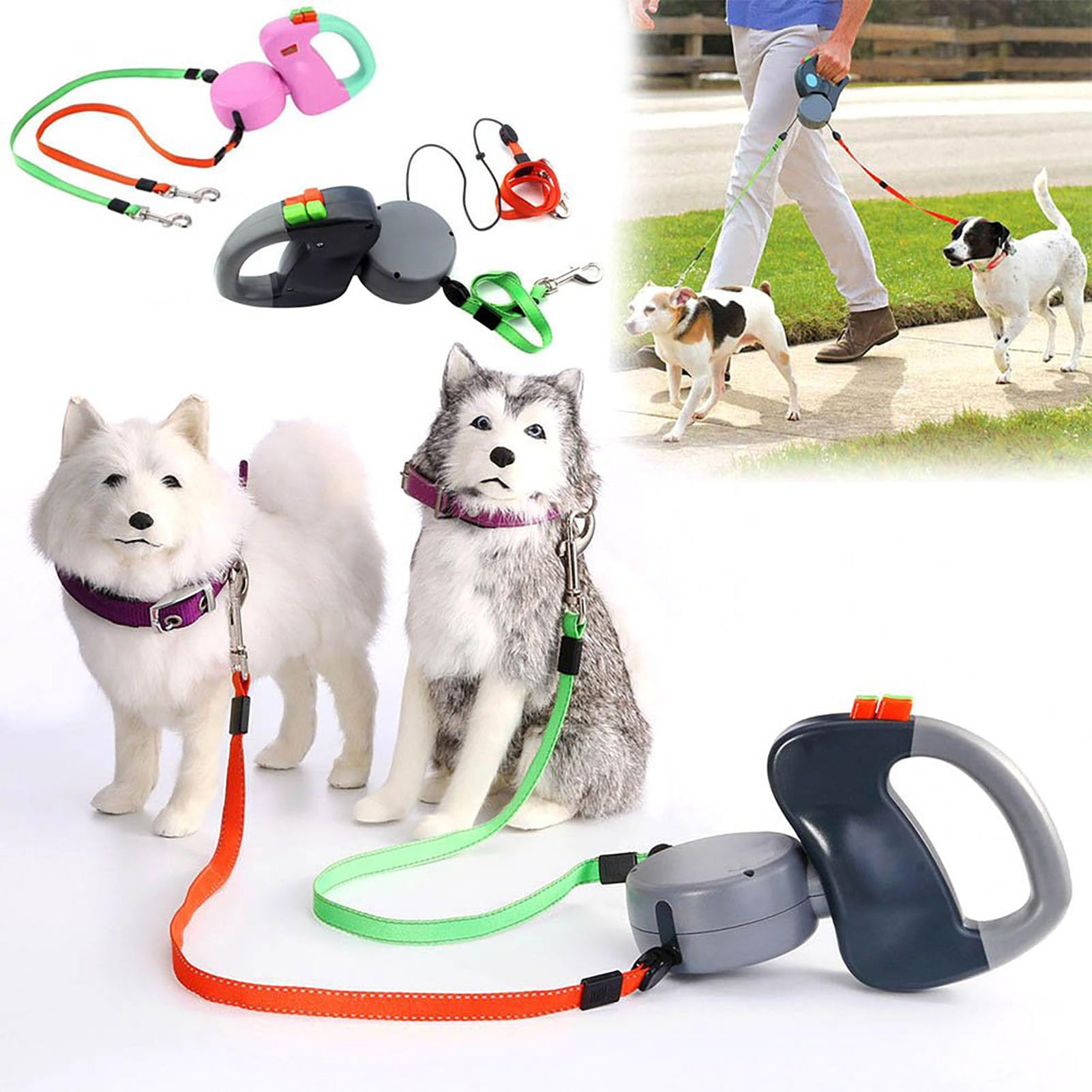 Laisse Double pour Chien, Laisse Double rétractable, sans enchevêtrement, 3 m de Long, Laisse pour Chien de Grande, Moyenne et Petite Taille pour Promener Deux Chiens jusqu'à 40 LB par Chien