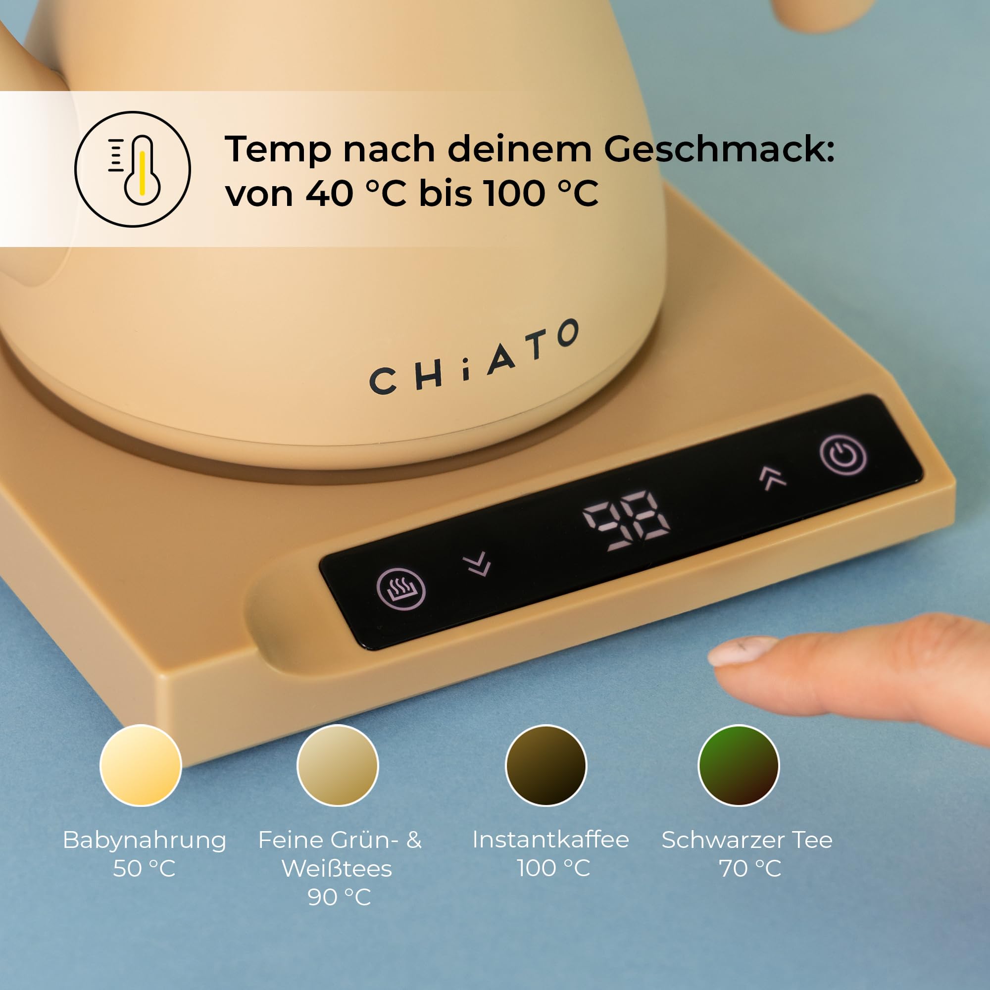 flowPLAY Wasserkocher Temperatur Einstellbar 0,6L – Kleiner Edelstahl Wasserkocher mit Warmhaltefunktion, Mini Wasserkocher Digital, Kompakt & Modern (Beige)