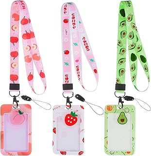 3 Packs Cute Lanyard with ID Cardholder Case Detachable Lanyards Strawberry Peach Avocado Strap with Clip Badge Holders Neck Keychain for Women Nurse Teacher Student